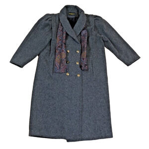 Michelle Francois Women XL 16 Coat Long Gray Wool Blend Gold Buttons Winter VTG